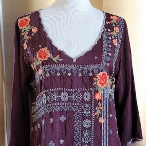 Johnny Was Bennet Burgundy Merlot Floral Embroidered Tunic Cupra Rayon S $215